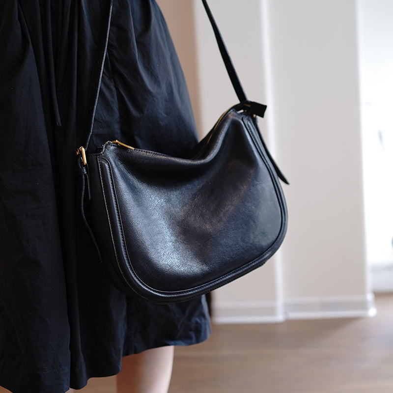 Cute Black Leather Saddle Shoulder Bag Women Saddle Crossbody Bag for Women