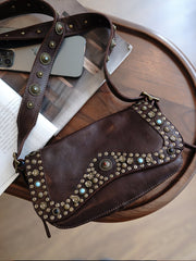 Western Coffee Womens Rivets Small Shoulder Bag Small Rivets Crossbody Purse for Ladies