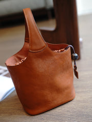 Vintage Brown Leather Small Bucket Handbag Women Handmade Small Barrel Bag for Women