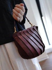 Vintage Coffee Leather Splicing Bucket Handbag Women Handmade Small Shoulder Bag for Women