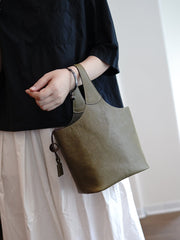 Vintage Green Leather Small Bucket Handbag Women Handmade Small Barrel Bag for Women