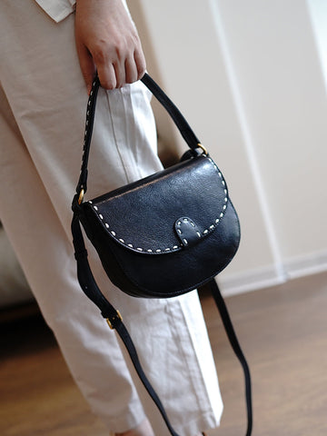 Vintage Womens Black Leather Small Saddle Handbag Shoulder Bag Purse for Women