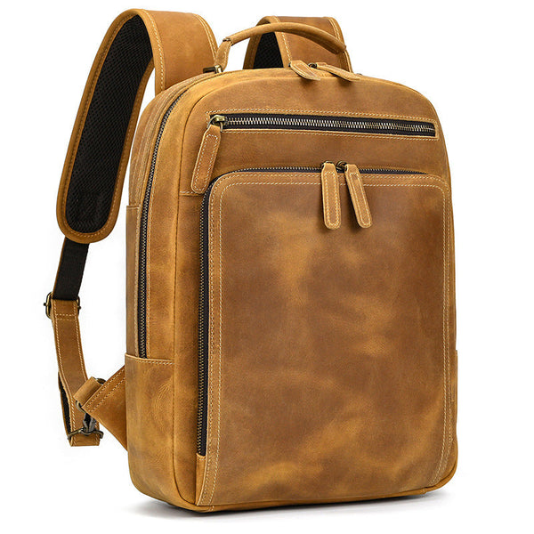Camel Crazy Horse Leather Backpack Mens Large Tan Leather Backpack for Men