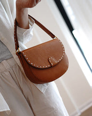 Vintage Womens Coffee Leather Small Saddle Handbag Shoulder Bag Purse for Women