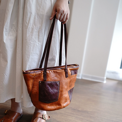 Vintage Brown Leather Stitching Style Shoulder Tote Women Tote Handbag for Women