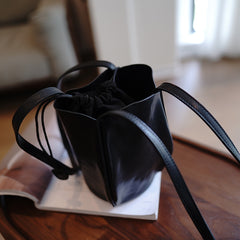 Vintage Womens Black Leather Small Bucket Shoulder Bag Flower Bud Bucket Purse for Women