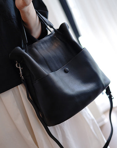 Cute Black Leather Bucket Tote Shoulder Bag Women Barrel Tote Handbag for Women