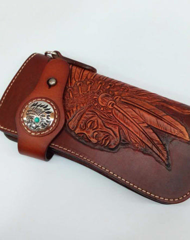 Brown Leather Tooled Indian Chief Mens Biker Chain Wallet Handmade Leather Biker Wallet for Men