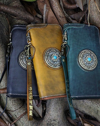 Handmade Leather Tibetan Long Biker Wallet Cool Zipper Clutch Wristlet Wallet for Men