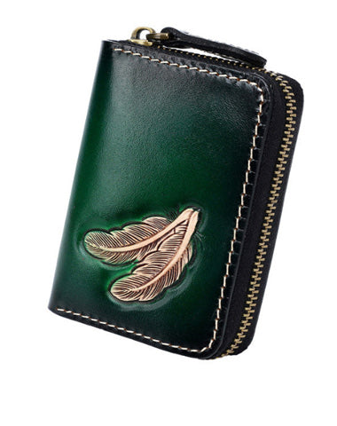 Around Zip Green Tooled Leather Card Wallet Mens Feather Zipper Card Holder for Men