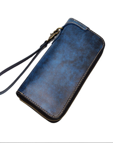 Blue Wristlet Leather Wallets Handmade Zipper Long Wallets For Men