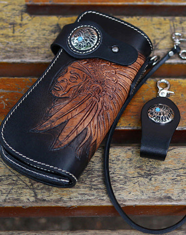 Leather Tooled Indian Chief Mens Biker Chain Wallet Handmade Leather Biker Wallet for Men
