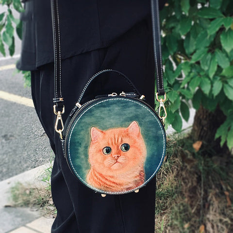 Handmade Womens Tooled Leather Around Handbag Purse Cat Crossbody Bag for Women