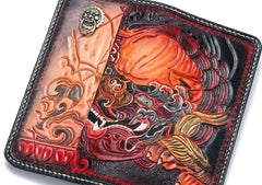 Handmade Leather Chinese Lion Mens Tooled Chain Biker Wallets Cool Long Leather Wallet With Chain Wallets for Men
