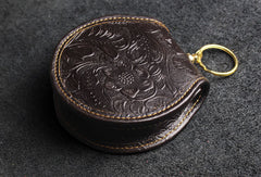 Handmade makeup leather round change coin wallet flowral leather billfold wallet for men women