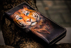 Handmade Leather Men Tooled Tiger Cool Leather Clutch Wallets Long Wallets for Men