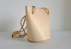 Handmade Leather Beige Womens Bucket Purse Barrel Shoulder Bags for Women