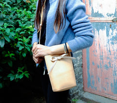 Handmade Leather Beige Womens Bucket Purse Barrel Shoulder Bag for Women
