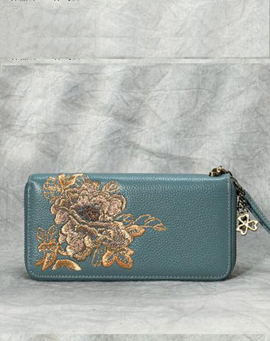 Peony Embroidery Blue Leather Peony Wristlet Wallet Womens Zip Around Wallets Flowers Peony Ladies Zipper Clutch Wallet for Women