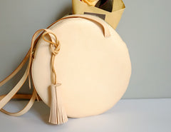 Handmade Leather Beige Womens Small Round Shoulder Bag Circle for Women