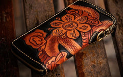 Handmade Leather Tooled Chinese Dragon Mens Chain Biker Wallet Cool Leather Wallet Zipper Long Phone Wallets for Men