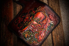 Handmade Leather Chinese Lion Mens Tooled Chain Biker Wallet Cool Long Leather Wallets With Chain Wallets for Men