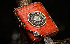 Handmade Leather Tibetan Tooled Mens billfold Wallet Cool Chain Wallet Small Biker Wallets for Men