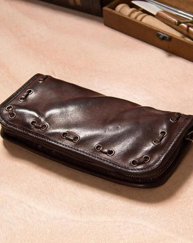 Handmade Leather Mens Long Clutch Wallet Coffee Vintage Zipper Long Wallet for Men