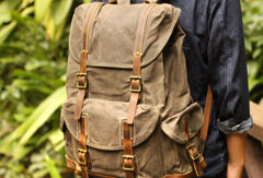 Handmade Mens Cool Canvas Backpack Large Waxed Black Travel Backpack Hiking Backpack for men