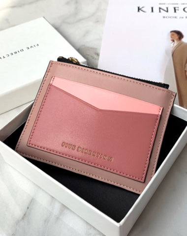 Cute Women Dark Pink Vegan Leather Card Holders Slim KeyChain Card Wallet Zip Change Wallet For Women