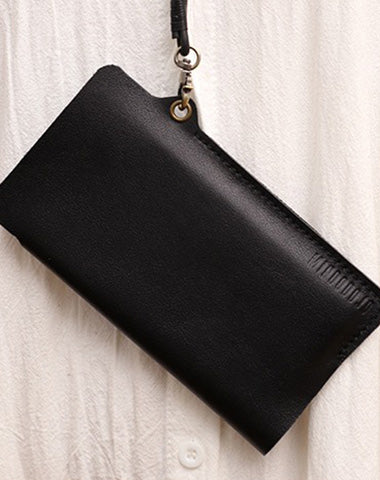 Cute Black LEATHER Phone Case WOMEN Phone BAG with Neck Strap Slim Phone Shoulder Purse FOR WOMEN
