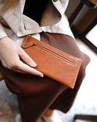 Slim Coffee Leather Clutch Wallet Womens Zip Wallets Coffee Ladies Zipper Clutch Wallet for Women