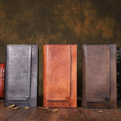 Cool Leather Brown Mens Long Wallet Gray Buckled Long Wallet Bifold Clutch Wallet Card Wallet for Men