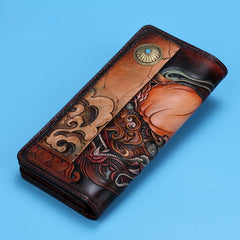 Handmade Leather Chinese Lion Mens Tooled Chain Biker Wallet Cool Long Leather Wallet With Chain Wallets for Men