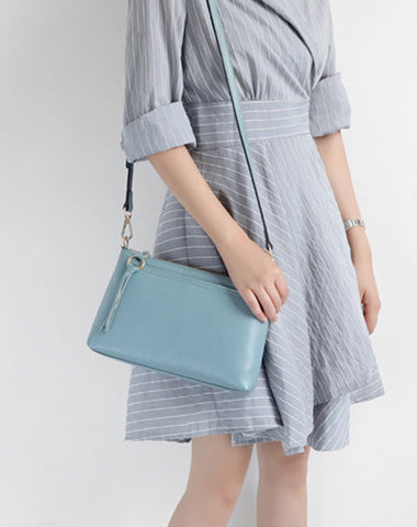 Blue Zip Leather Wristlet Wallet Womens Small Crossbody Purse Minimalist Shoulder Bag for Women