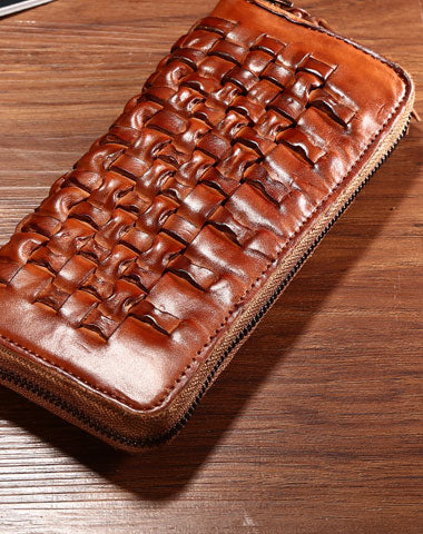 Vintage Braided Leather Mens Long Wallet Zipper Clutch Wallet For Men