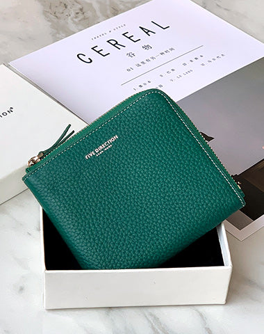 Women Green Leather Small Wallet BILLFOLD Minimalist Zip Small Wallet Slim Zipper Wallet For Women
