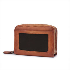 Leather Zipper Card Wallets Brown Cute Small Women Double Zip Card Wallet For Ladies