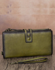 Vintage Gray Leather Wristlet Wallet Womens Wallet Bifold Long Clutch Wallet for Women