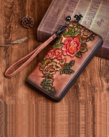 Womens Peony Flower Brown Leather Zip Around Wallet Wristlet Wallet Floral Ladies Zipper Clutch Wallet for Women