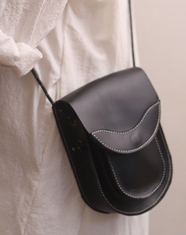 Cute LEATHER Saddle Side Bag WOMEN Black SHOULDER BAG Small Crossbody Purse FOR WOMEN