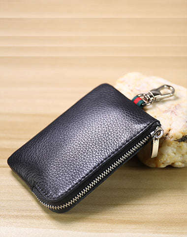 Slim Women Black Leather Zip Wallet with Keychains Minimalist Coin Wallet Small Zip Change Wallet For Women