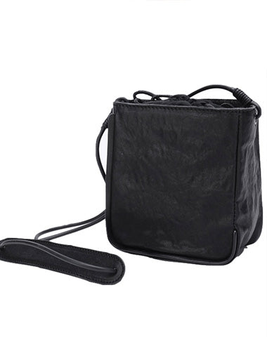 Vintage Leather Small Black Bucket Shoulder Bag Black Barrel Crossbody Purse For Women