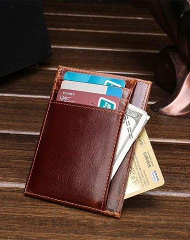 RFID Brown Leather Men's Slim Card Holder Black Front Pocket Wallet Small Card Wallet For Men