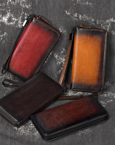 Handmade Leather Men's Zipper Long Wallet Clutch Wallet Wristlet Wallet For Men