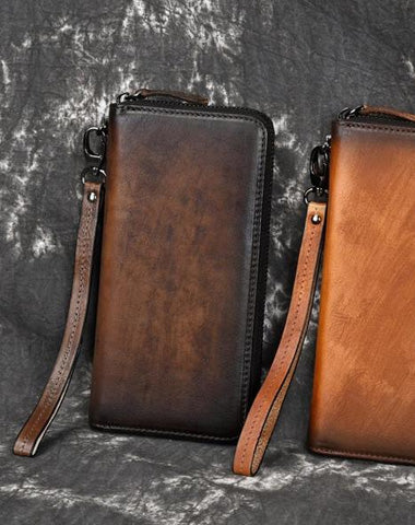 Vintage Brown Leather Men's Clutch Long Wallet Tan Zipper Wristlet Wallet For Men