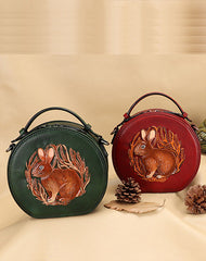 Cutest Womens Brown Leather Round Handbag Bunny Crossbody Purse Vintage Round Shoulder Bags for Women