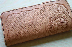 Handmade Mens Tooled Floral Beige Leather Long Biker Wallet Cool Long Chain Wallet for Men