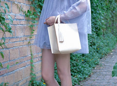 Handmade Leather Small Beige Womens Tote Shoulder Bag Handbag Purse Tassels for Women