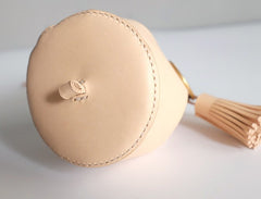 Handmade Leather Beige Womens Mini Wristlet Purse Bucket Purse Barrel Shoulder Bags for Women
